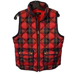 J. Crew Women’s  Down Puffer Vest Tartan Plaid Red, Black Snap Down Sz M